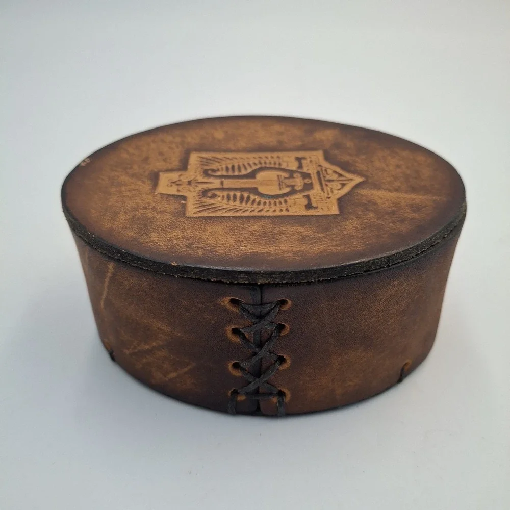 Vintage Leather Trinket Box Embossed Lyre Harp Emblem Red Velvet Lined Biblical